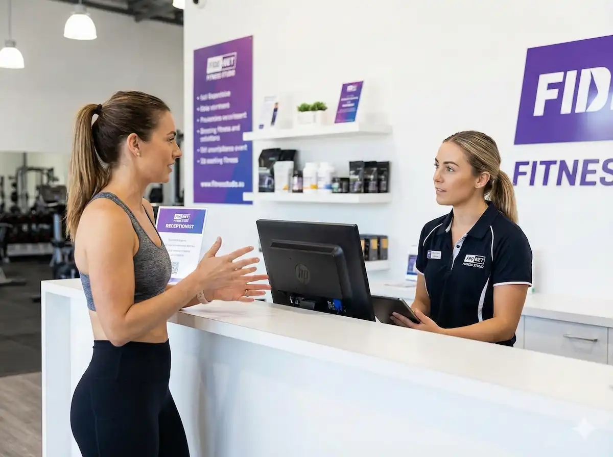 フィットネススタジオでスタッフに相談する女性