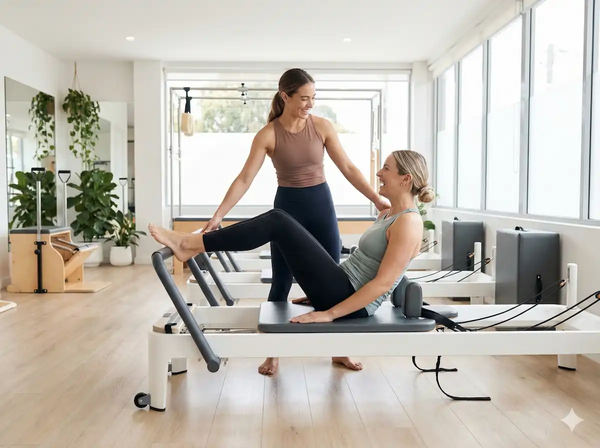 パーソナルピラティスを受ける女性とインストラクターの様子