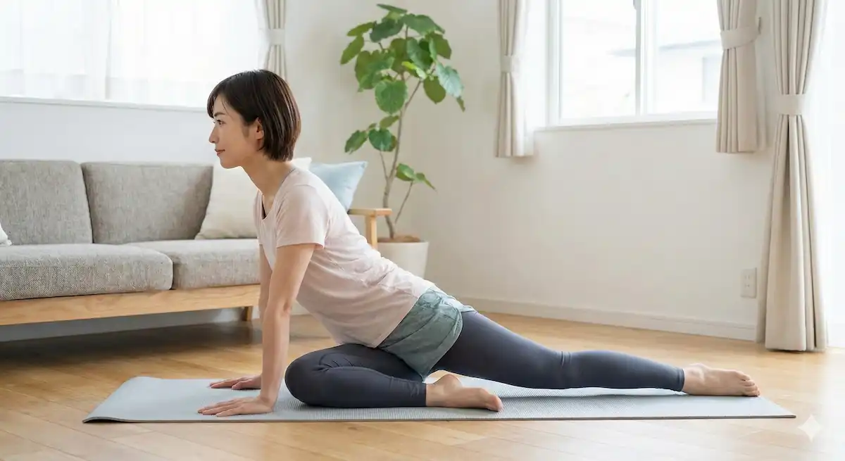 自宅でピラティスを行う日本人女性の様子