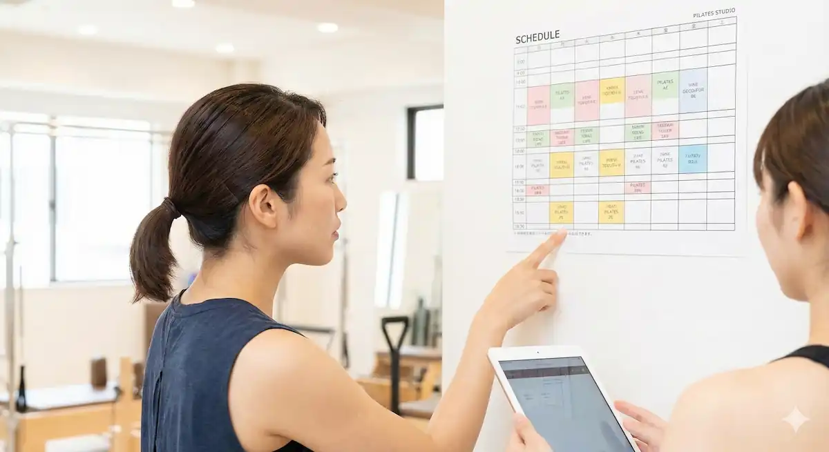 ピラティススタジオでレッスンスケジュールを確認する日本人女性