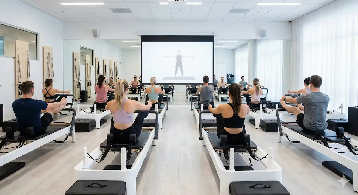 動画を見ながら行うグループピラティスレッスンの様子