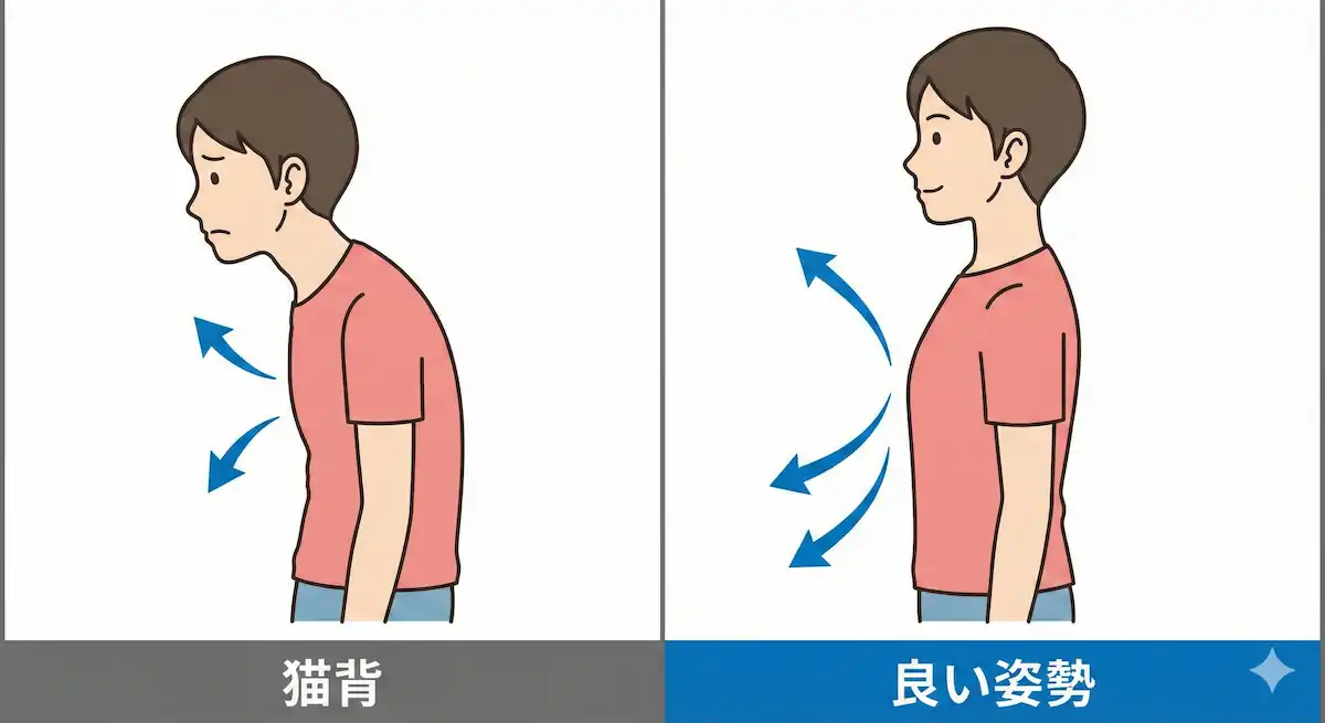 姿勢の違いによる呼吸のしやすさ比較イメージ