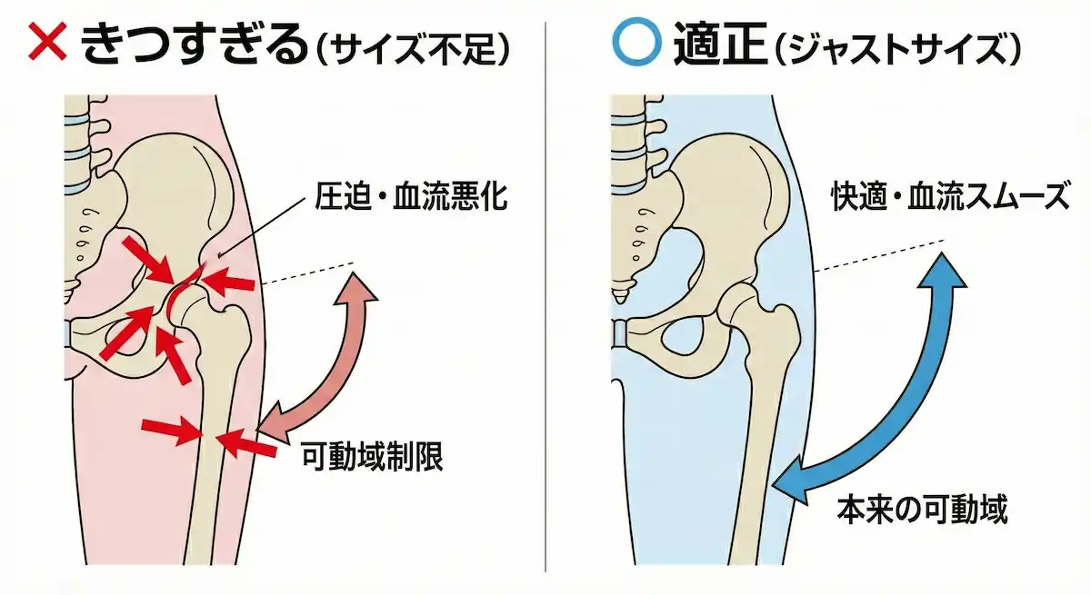 レギンスの締め付けで股関節の可動域が制限されるイメージ図
