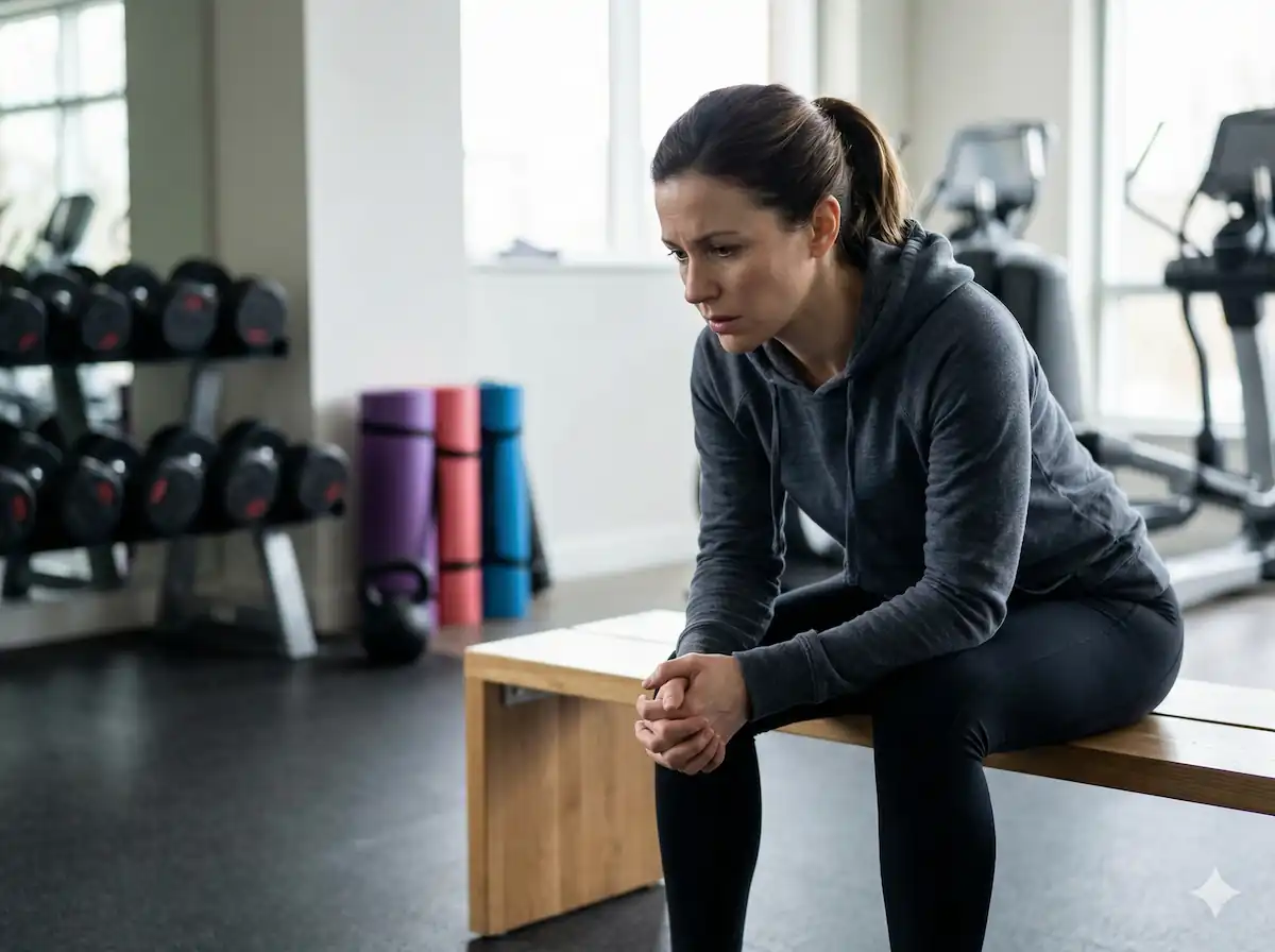 ジムで不安そうに悩む女性のイメージ